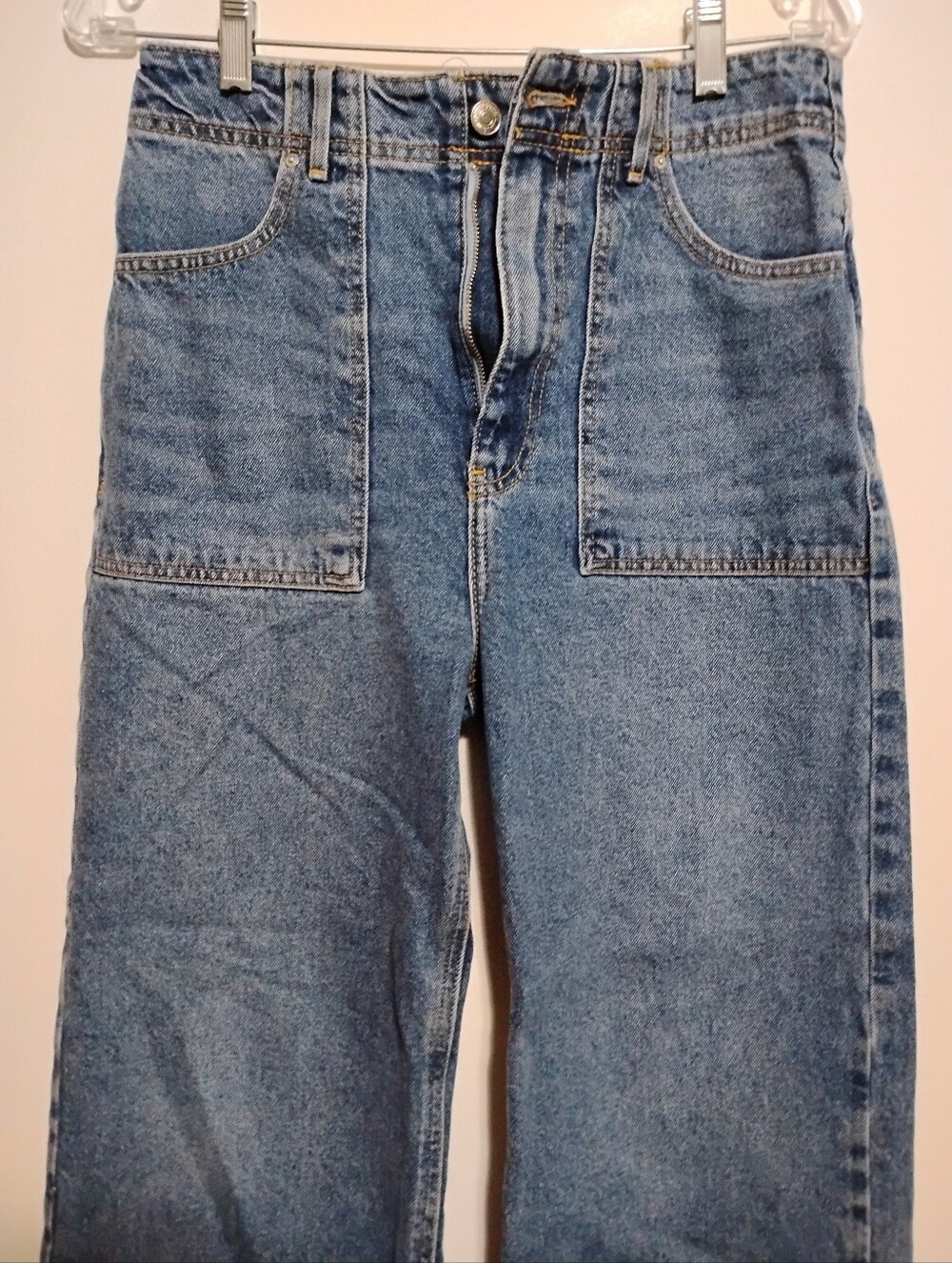 FOREVER 21 Women's Wide-Leg Blue Denim Jeans Front Applied Featured Pockets 26 - Picture 4 of 7
